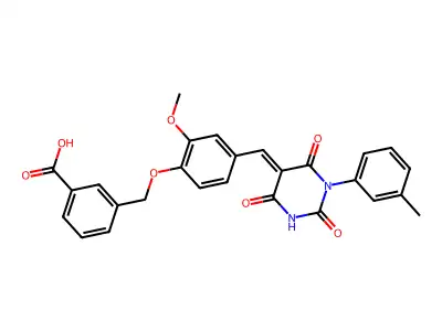 (E)-3-((2-methoxy-4-((2,4,6-trioxo-1-(m-tolyl)tetrahydropyrimidin-5(2H)-ylidene)methyl)phenoxy)methyl)benzoic acid structure