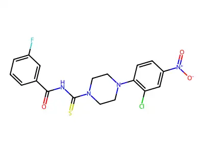 N-[4-(2-chloro-4-nitrophenyl)piperazine-1-carbothioyl]-3-fluorobenzamide structure