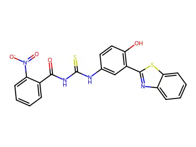 N-((3-(benzo[d]thiazol-2-yl)-4-hydroxyphenyl)carbamothioyl)-2-nitrobenzamide structure
