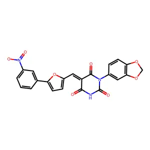 (5E)-1-(1,3-benzodioxol-5-yl)-5-[[5-(3-nitrophenyl)furan-2-yl]methylidene]-1,3-diazinane-2,4,6-trione structure