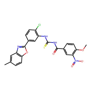 N-[[2-chloro-5-(5-methyl-1,3-benzoxazol-2-yl)phenyl]carbamothioyl]-4-methoxy-3-nitrobenzamide structure