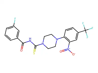 3-fluoro-N-[4-[2-nitro-4-(trifluoromethyl)phenyl]piperazine-1-carbothioyl]benzamide structure
