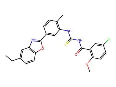 5-chloro-N-[[5-(5-ethyl-1,3-benzoxazol-2-yl)-2-methylphenyl]carbamothioyl]-2-methoxybenzamide structure