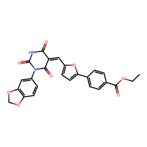 ethyl 4-(5-{(E)-[1-(1,3-benzodioxol-5-yl)-2,4,6-trioxotetrahydropyrimidin-5(2H)-ylidene]methyl}furan-2-yl)benzoate structure