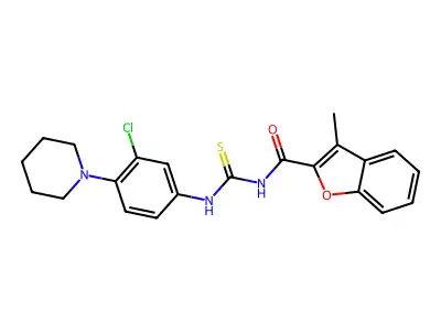 N-[(3-chloro-4-piperidin-1-ylphenyl)carbamothioyl]-3-methyl-1-benzofuran-2-carboxamide structure