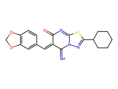 (6Z)-6-(1,3-benzodioxol-5-ylmethylidene)-2-cyclohexyl-5-imino-[1,3,4]thiadiazolo[3,2-a]pyrimidin-7-one structure
