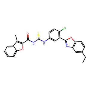 N-[[4-chloro-3-(5-ethyl-1,3-benzoxazol-2-yl)phenyl]carbamothioyl]-3-methyl-1-benzofuran-2-carboxamide structure