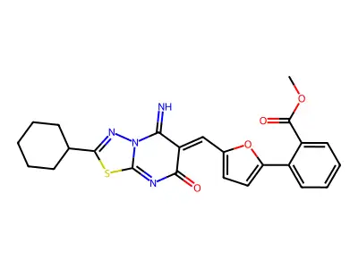 methyl 2-{5-[(Z)-(2-cyclohexyl-5-imino-7-oxo-5H-[1,3,4]thiadiazolo[3,2-a]pyrimidin-6(7H)-ylidene)methyl]furan-2-yl}benzoate structure