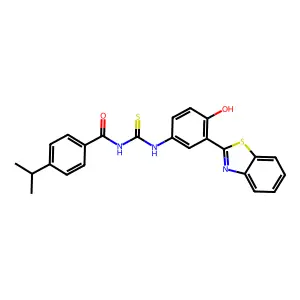 N-((3-(benzo[d]thiazol-2-yl)-4-hydroxyphenyl)carbamothioyl)-4-isopropylbenzamide structure