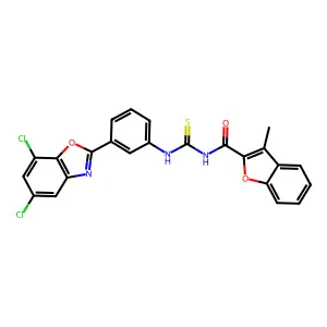 N-[[3-(5,7-dichloro-1,3-benzoxazol-2-yl)phenyl]carbamothioyl]-3-methyl-1-benzofuran-2-carboxamide structure
