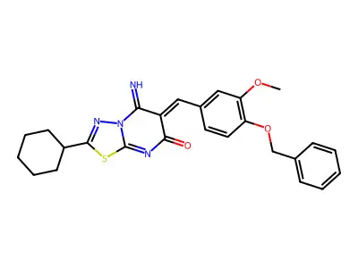 (6Z)-2-cyclohexyl-5-imino-6-[(3-methoxy-4-phenylmethoxyphenyl)methylidene]-[1,3,4]thiadiazolo[3,2-a]pyrimidin-7-one structure