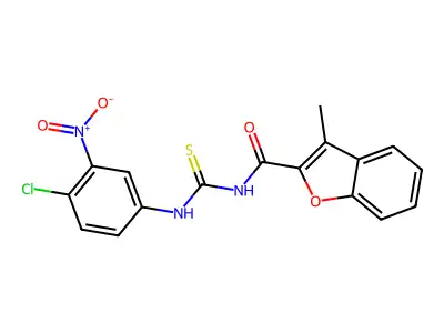 N-[(4-chloro-3-nitrophenyl)carbamothioyl]-3-methyl-1-benzofuran-2-carboxamide structure