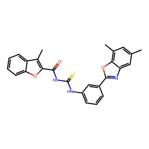 N-[[3-(5,7-dimethyl-1,3-benzoxazol-2-yl)phenyl]carbamothioyl]-3-methyl-1-benzofuran-2-carboxamide structure