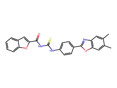 N-[[4-(5,6-dimethyl-1,3-benzoxazol-2-yl)phenyl]carbamothioyl]-1-benzofuran-2-carboxamide structure