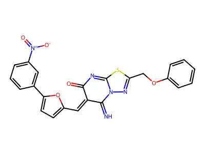 (6Z)-5-imino-6-[[5-(3-nitrophenyl)furan-2-yl]methylidene]-2-(phenoxymethyl)-[1,3,4]thiadiazolo[3,2-a]pyrimidin-7-one structure