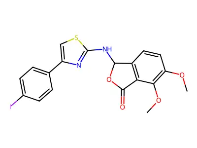 3-[[4-(4-iodophenyl)-1,3-thiazol-2-yl]amino]-6,7-dimethoxy-3H-2-benzofuran-1-one structure