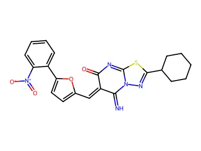 (6Z)-2-cyclohexyl-5-imino-6-[[5-(2-nitrophenyl)furan-2-yl]methylidene]-[1,3,4]thiadiazolo[3,2-a]pyrimidin-7-one structure