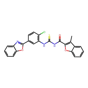 N-[[5-(1,3-benzoxazol-2-yl)-2-chlorophenyl]carbamothioyl]-3-methyl-1-benzofuran-2-carboxamide structure