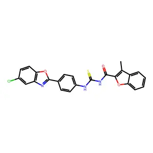 N-[[4-(5-chloro-1,3-benzoxazol-2-yl)phenyl]carbamothioyl]-3-methyl-1-benzofuran-2-carboxamide structure