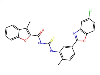 N-[[5-(5-chloro-1,3-benzoxazol-2-yl)-2-methylphenyl]carbamothioyl]-3-methyl-1-benzofuran-2-carboxamide structure