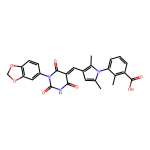 3-(3-{(E)-[1-(1,3-benzodioxol-5-yl)-2,4,6-trioxotetrahydropyrimidin-5(2H)-ylidene]methyl}-2,5-dimethyl-1H-pyrrol-1-yl)-2-methylbenzoic acid structure