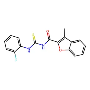 N-[(2-fluorophenyl)carbamothioyl]-3-methyl-1-benzofuran-2-carboxamide structure