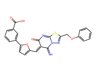 (Z)-3-(5-((5-imino-7-oxo-2-(phenoxymethyl)-5H-[1,3,4]thiadiazolo[3,2-a]pyrimidin-6(7H)-ylidene)methyl)furan-2-yl)benzoic acid structure