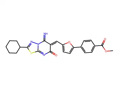 methyl 4-{5-[(Z)-(2-cyclohexyl-5-imino-7-oxo-5H-[1,3,4]thiadiazolo[3,2-a]pyrimidin-6(7H)-ylidene)methyl]furan-2-yl}benzoate structure