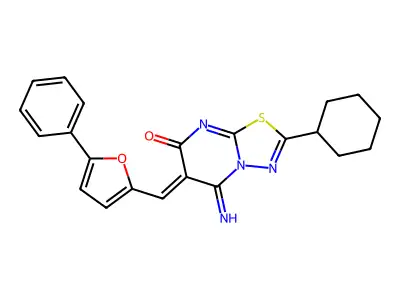 (6Z)-2-cyclohexyl-5-imino-6-[(5-phenylfuran-2-yl)methylidene]-[1,3,4]thiadiazolo[3,2-a]pyrimidin-7-one structure