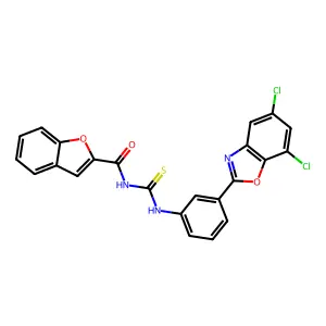 N-[[3-(5,7-dichloro-1,3-benzoxazol-2-yl)phenyl]carbamothioyl]-1-benzofuran-2-carboxamide structure