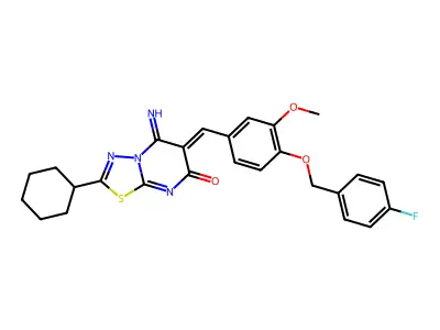 (6Z)-2-cyclohexyl-6-[[4-[(4-fluorophenyl)methoxy]-3-methoxyphenyl]methylidene]-5-imino-[1,3,4]thiadiazolo[3,2-a]pyrimidin-7-one structure
