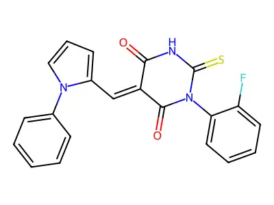 (5E)-1-(2-fluorophenyl)-5-[(1-phenylpyrrol-2-yl)methylidene]-2-sulfanylidene-1,3-diazinane-4,6-dione structure