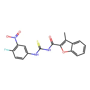 N-[(4-fluoro-3-nitrophenyl)carbamothioyl]-3-methyl-1-benzofuran-2-carboxamide structure