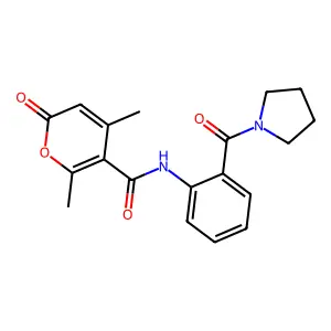 2,4-dimethyl-6-oxo-N-[2-(pyrrolidine-1-carbonyl)phenyl]pyran-3-carboxamide structure