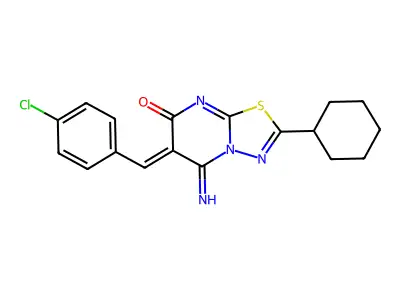 (6Z)-6-(4-chlorobenzylidene)-2-cyclohexyl-5-imino-5,6-dihydro-7H-[1,3,4]thiadiazolo[3,2-a]pyrimidin-7-one structure