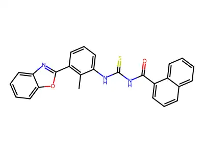 N-[[3-(1,3-benzoxazol-2-yl)-2-methylphenyl]carbamothioyl]naphthalene-1-carboxamide structure
