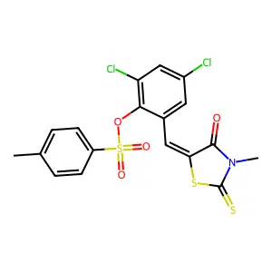2,4-dichloro-6-[(Z)-(3-methyl-4-oxo-2-thioxo-1,3-thiazolidin-5-ylidene)methyl]phenyl 4-methylbenzenesulfonate structure