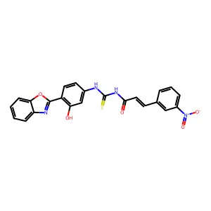 (E)-N-((4-(benzo[d]oxazol-2-yl)-3-hydroxyphenyl)carbamothioyl)-3-(3-nitrophenyl)acrylamide structure