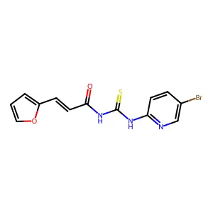 (E)-N-[(5-bromopyridin-2-yl)carbamothioyl]-3-(furan-2-yl)prop-2-enamide structure