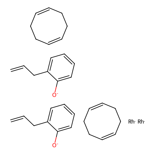 Bis((1,2,5,6-eta)-1,5-cyclooctadiene)bis(mu-(2-(2-propenyl)phenolato))dirhodium structure