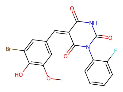 (5Z)-5-(3-bromo-4-hydroxy-5-methoxybenzylidene)-1-(2-fluorophenyl)pyrimidine-2,4,6(1H,3H,5H)-trione structure