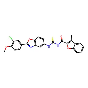 N-[[2-(3-chloro-4-methoxyphenyl)-1,3-benzoxazol-5-yl]carbamothioyl]-3-methyl-1-benzofuran-2-carboxamide structure