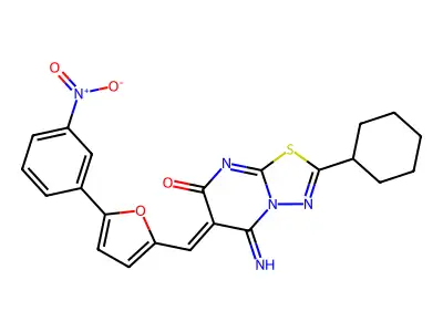 (6Z)-2-cyclohexyl-5-imino-6-[[5-(3-nitrophenyl)furan-2-yl]methylidene]-[1,3,4]thiadiazolo[3,2-a]pyrimidin-7-one structure