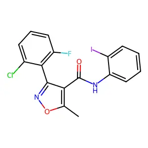 3-(2-chloro-6-fluorophenyl)-N-(2-iodophenyl)-5-methyl-1,2-oxazole-4-carboxamide structure