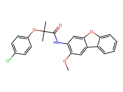 2-(4-chlorophenoxy)-N-(2-methoxydibenzofuran-3-yl)-2-methylpropanamide structure