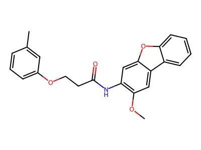 N-(2-methoxydibenzofuran-3-yl)-3-(3-methylphenoxy)propanamide structure