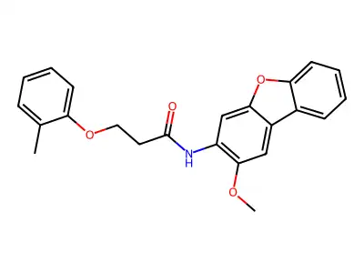 N-(2-methoxydibenzofuran-3-yl)-3-(2-methylphenoxy)propanamide structure