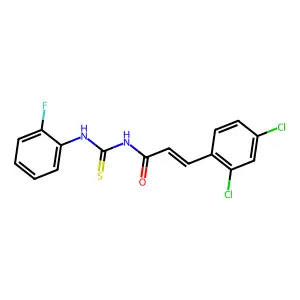 (E)-3-(2,4-dichlorophenyl)-N-[(2-fluorophenyl)carbamothioyl]prop-2-enamide structure