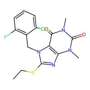 7-[(2-Chloro-6-fluorophenyl)methyl]-8-ethylsulfanyl-1,3-dimethylpurine-2,6-dione structure