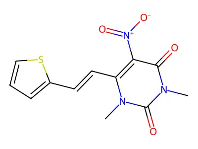 1,3-dimethyl-5-nitro-6-[(E)-2-thiophen-2-ylethenyl]pyrimidine-2,4-dione structure